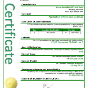 PCCP Certification Complete Metal Protrection